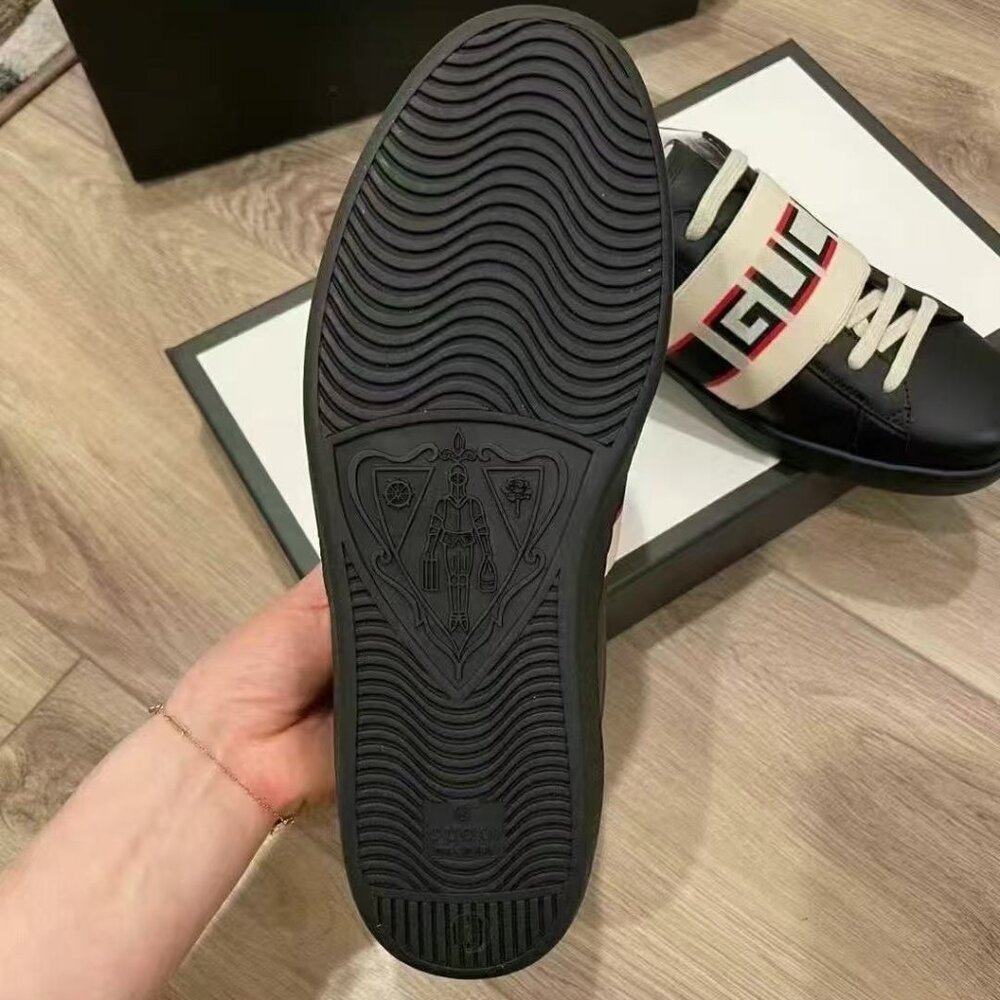 NIB Authentic Gucci Calfskin Stripe Mens New Ace Sneakers Crop Ecru Black - Picture 5 of 5